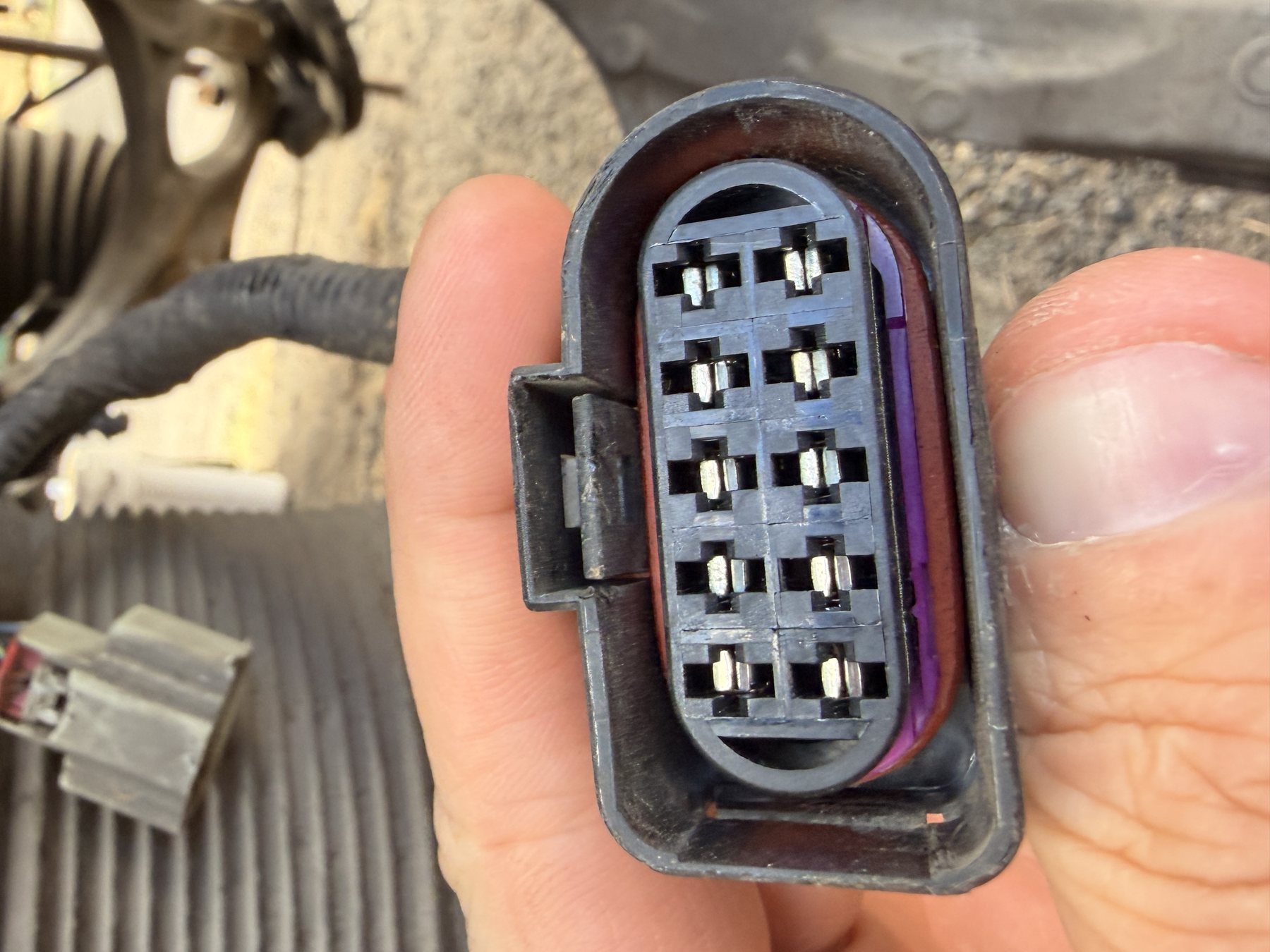 The face of the 10-cavity differential connector with every pin cavity visible