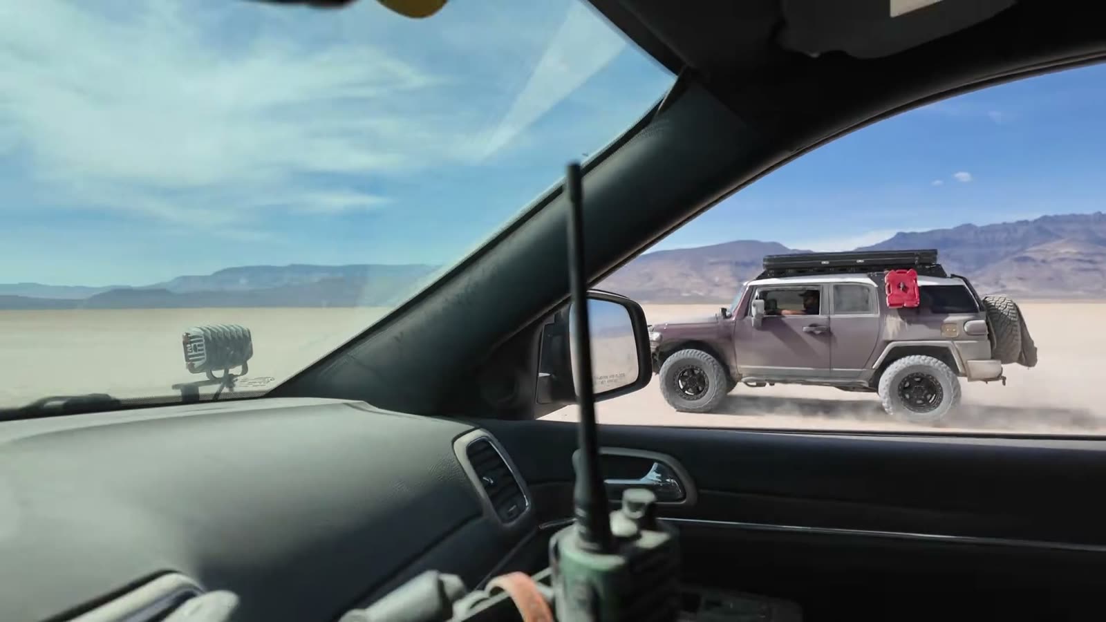 The Bronco running alongside on the Alvord playa