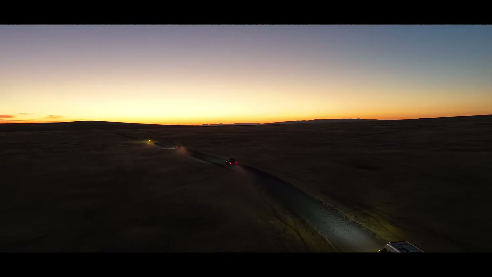 The convoy on the move at sunset at the end of the first day