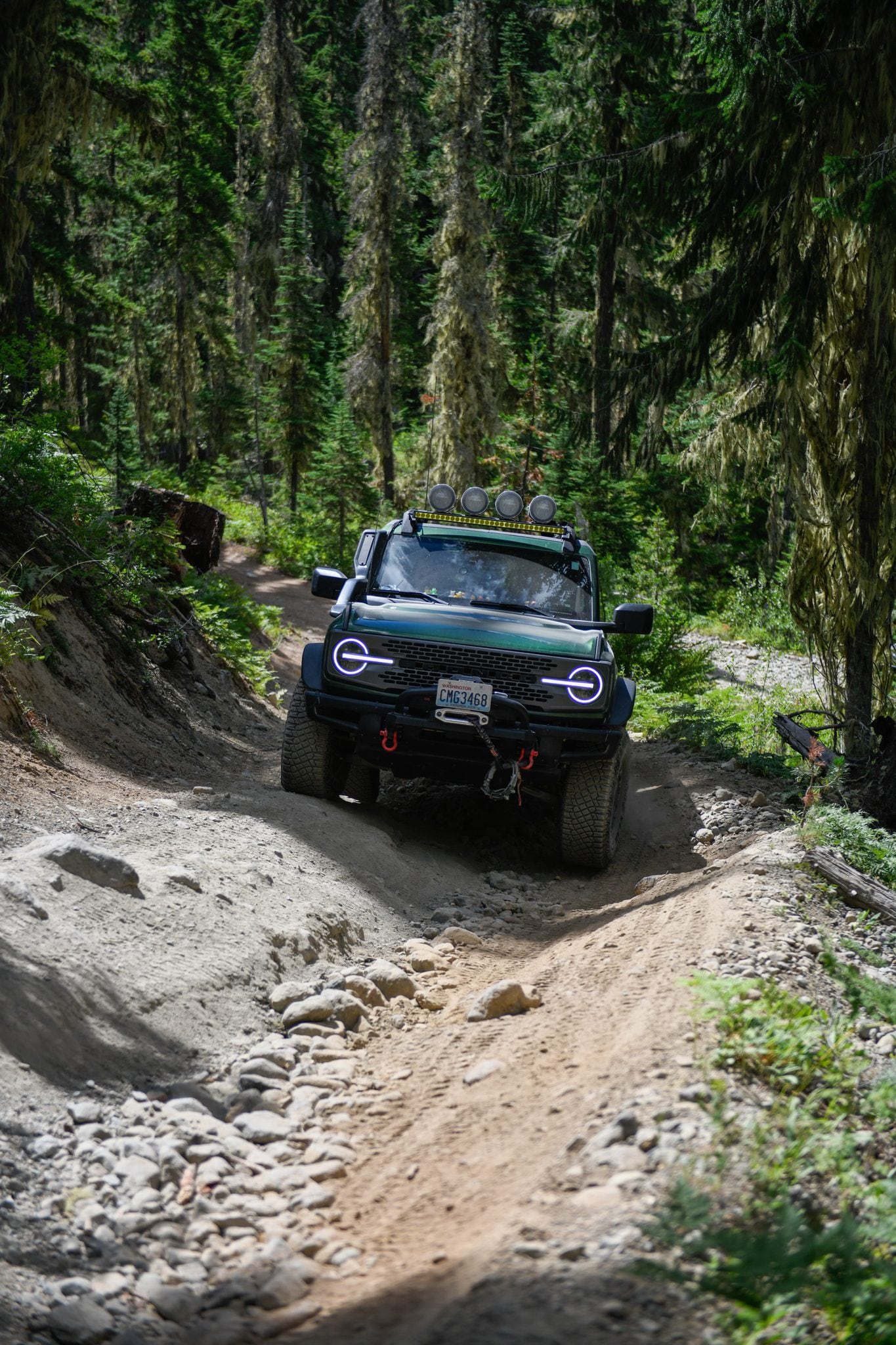 A Ford Bronco dropping into a rutted section of the trail